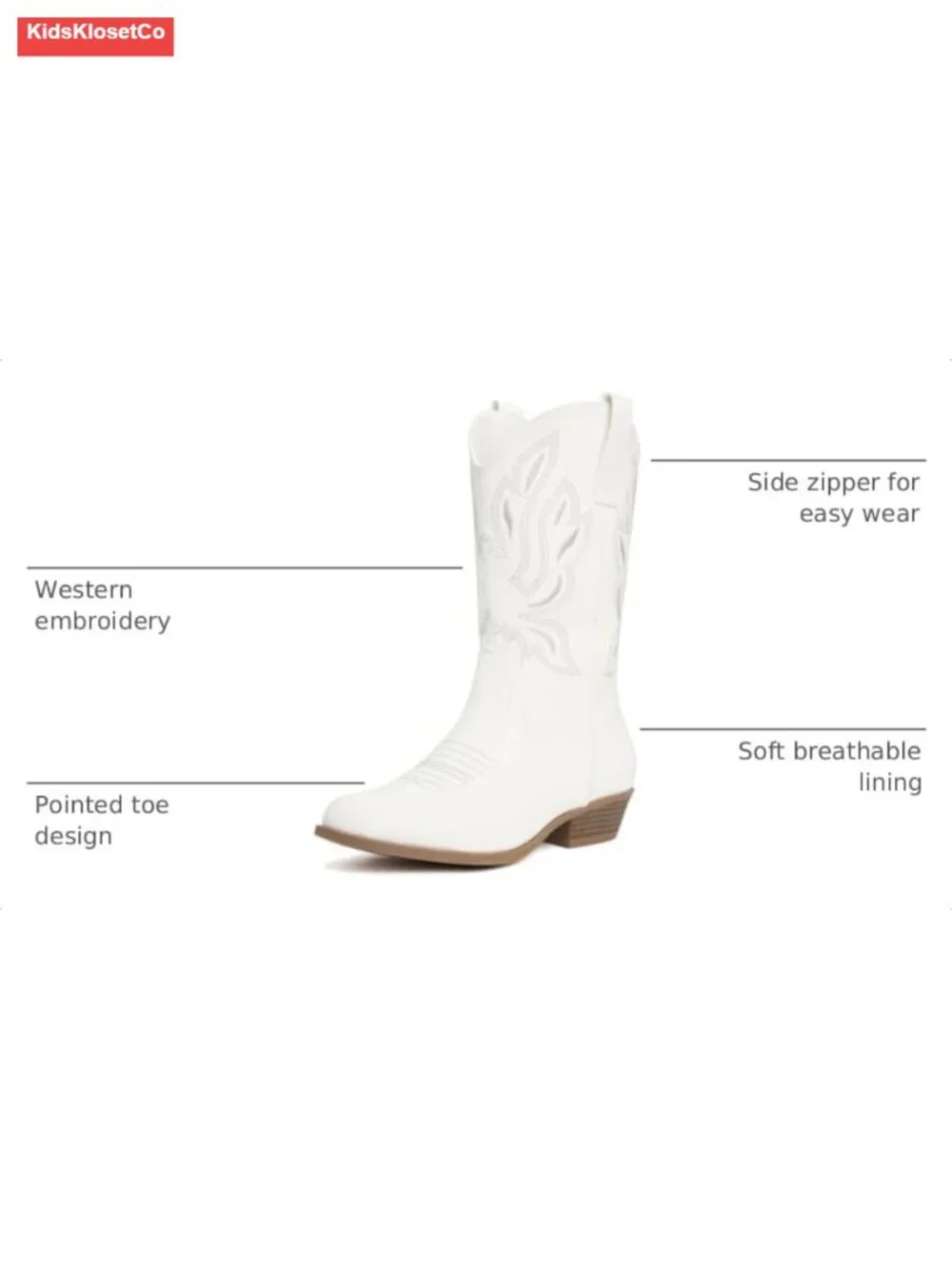 Girls Pointed Toe Mid Calf Riding Boots with Western Embroidery Side Zipper